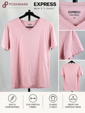 Express Mens Large Flex Stretch V-Neck Short Sleeve T-Shirt Solid Pastel Pink L